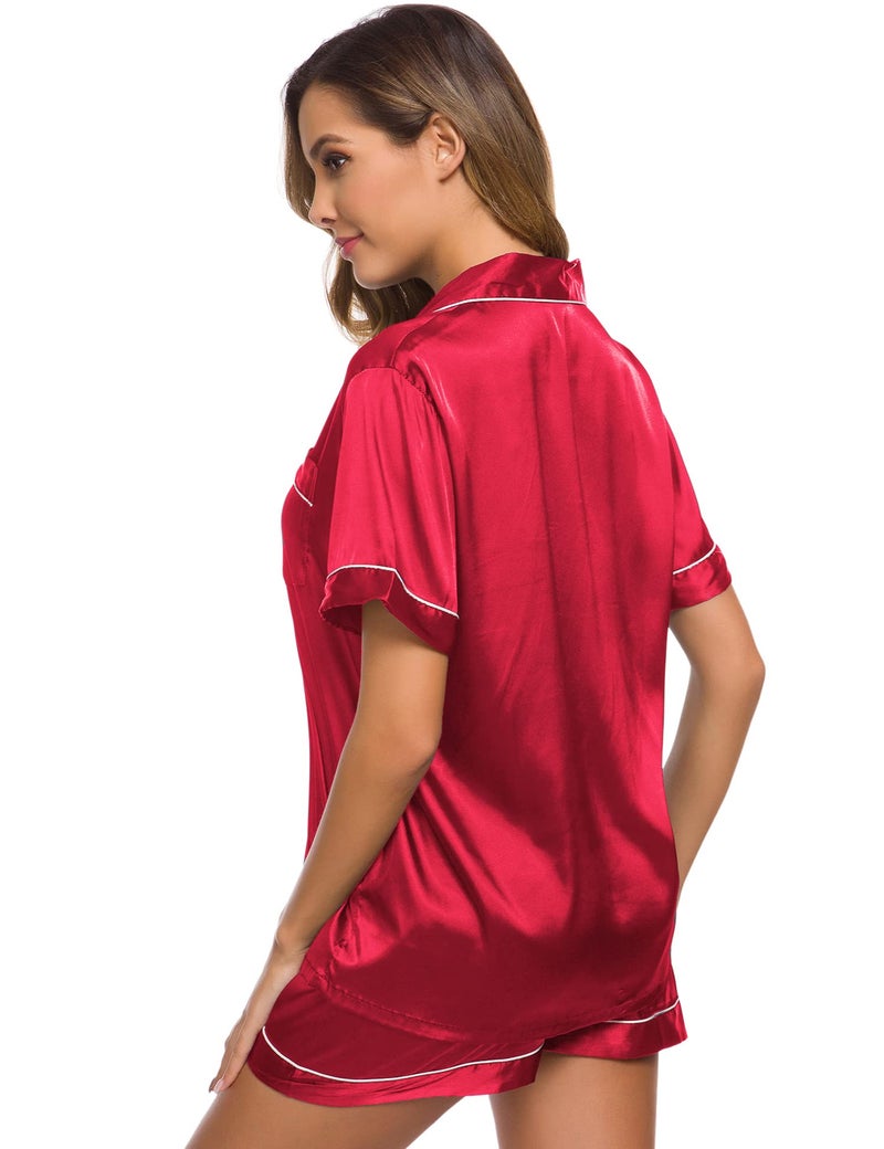 SWOMOG Womens Pajamas Set Silk Satin Sleepwear Short Sleeve Nightwear Button Down Pj Loungewear Red - Image 5